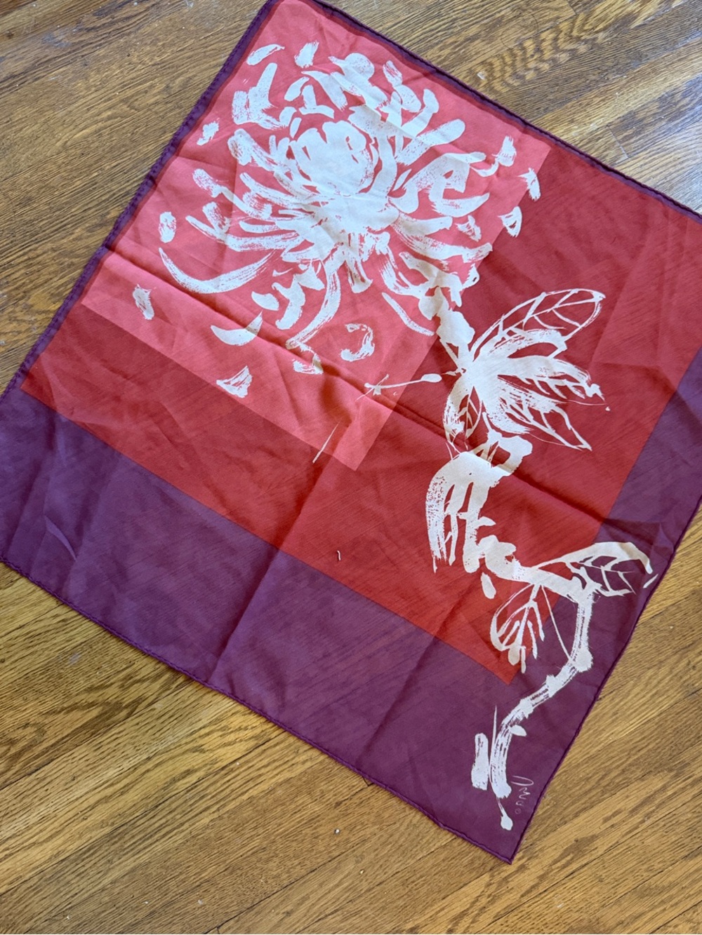 Vintage ; Vera Floral Print Red & Plum Silk Scarf